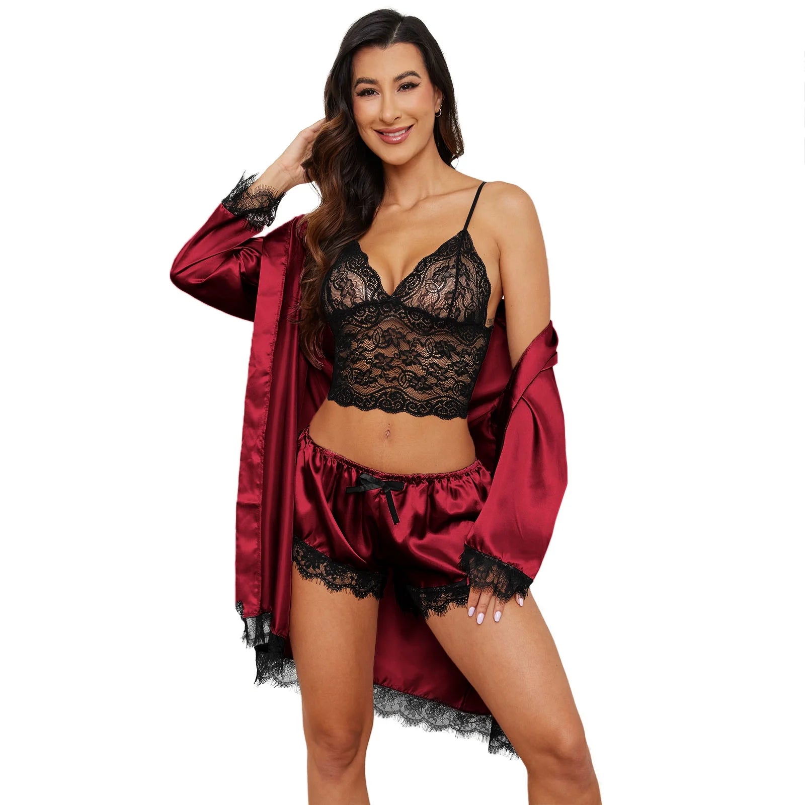 Sexy Lingerie,  Silk Satin Pajamas for Women, Womens Summer Pajamas Pjs Sets of 4 Pcs with Floral Lace Top Shorts and Robe, Gift for Women, Black, 3XL